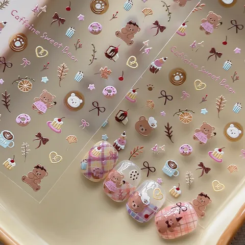 3D Embossed Cartoon Bear Dessert Nail Art Stickers Sweet Bow Heart Manicure Decoration For Women Self Adhesive Nail Decals YT9268