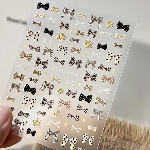 3D Relief Bow Plaid Nail Sticker Gentle Autumn Vintage Maillard Style Polka Dot Floral Embossed Manicure Decor For Women