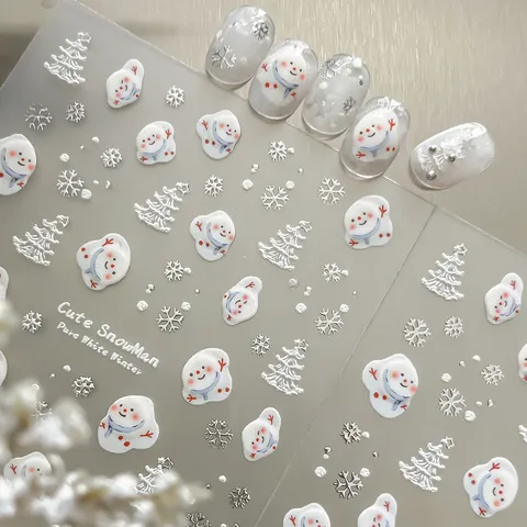 Christmas 5D Embossed Snowman Nail Art Stickers Silver Stamped Snowflake Christmas Tree Winter Cute Nail Decals Decoration DIY Manicure