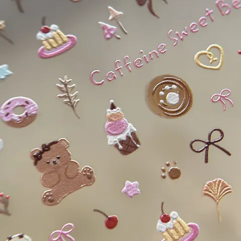 3D Embossed Cartoon Bear Dessert Nail Art Stickers Sweet Bow Heart Manicure Decoration For Women Self Adhesive Nail Decals YT9268