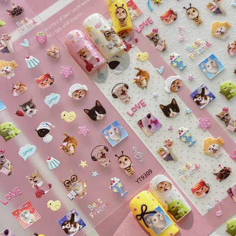 3D Relief Cat Nail Stickers Funny Meme Cartoon Embossed Self Adhesive Decals For Cute DIY Nail Art Decoration Women Accessories