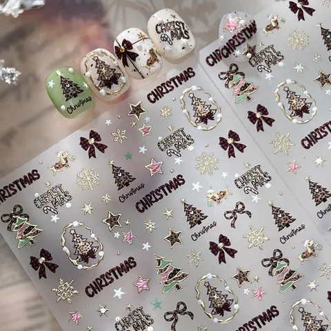 Christmas Leopard Print Nail Art Stickers 3D Embossed Snowflake Deer Bowknot Self Adhesive Manicure Decoration DIY Nail Decals