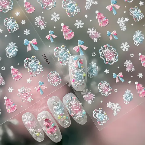 3D Relief Christmas Nail Stickers Pink Blue Christmas Tree Snowflake Bowknot Design DIY Nail Art Decoration For Women Girls