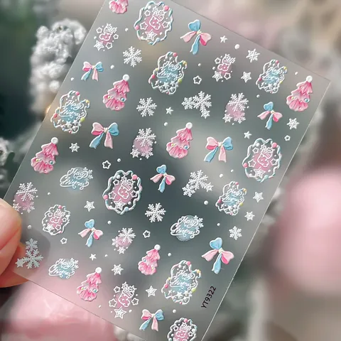 3D Relief Christmas Nail Stickers Pink Blue Christmas Tree Snowflake Bowknot Design DIY Nail Art Decoration For Women Girls