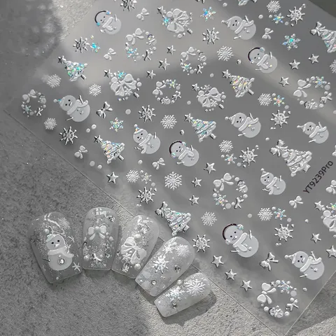 3D Relief Silver White Christmas Nail Art Stickers Snowman Snowflake Bow Christmas Tree Embossed Nail Decals For Manicure