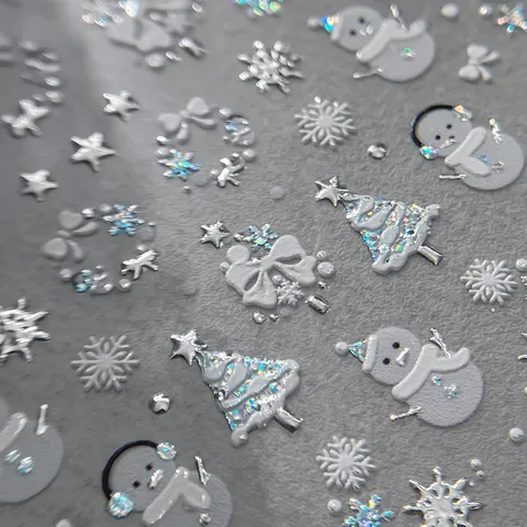 3D Relief Silver White Christmas Nail Art Stickers Snowman Snowflake Bow Christmas Tree Embossed Nail Decals For Manicure