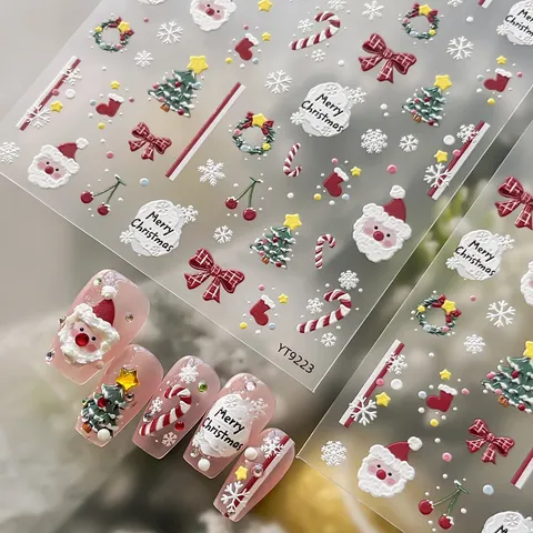 5D Embossed Christmas Nail Art Stickers Santa Claus Christmas Tree Candy Cane Bow Self-Adhesive Festive Manicure Decals For Women Decoration