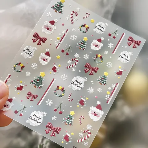 5D Embossed Christmas Nail Art Stickers Santa Claus Christmas Tree Candy Cane Bow Self-Adhesive Festive Manicure Decals For Women Decoration