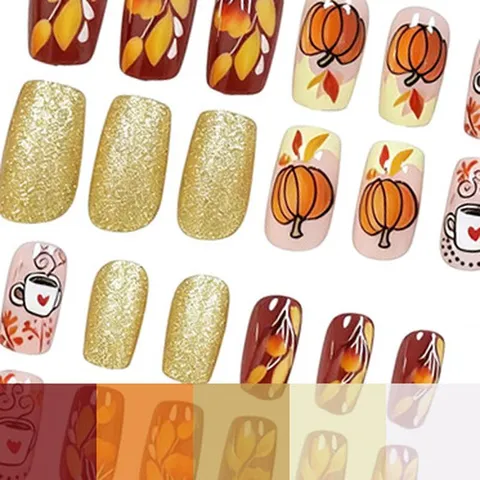 Unghie Finte Press On Zucca e Foglie Autunnali Quadrato Medio Lungo 24 Pezzi Set Manicure Autunnale con Glitter per Donna
