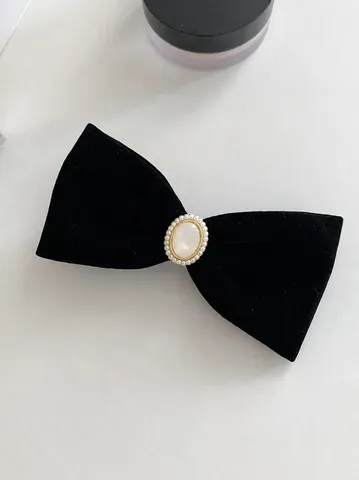 Large Black Velvet Bow Hair Clip Retro Elegant Artificial Pearl Spring Duckbill Clip For Women Christmas Hair Accessories