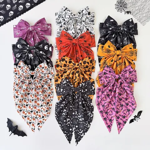 Large Halloween Bow Hair Clip Printed Pumpkin Skull Ghost Hand Bat Gothic Hair Accessories For Party Cosplay Hairpin Women