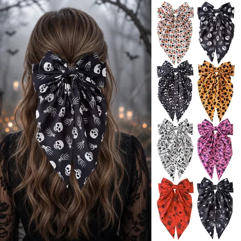Large Halloween Bow Hair Clip Printed Pumpkin Skull Ghost Hand Bat Gothic Hair Accessories For Party Cosplay Hairpin Women