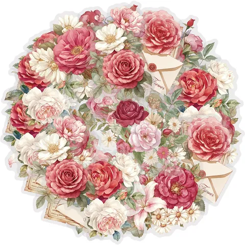 Nastro Washi Vintage con Rose Rosse e Fiori Nastro Adesivo Decorativo in PET per Diario Scrapbooking Bouquet per Agenda Taccuino 50mm x 2m