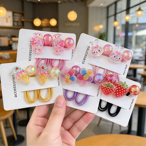 Élastiques à Cheveux pour Enfants de Style Coréen Mignons en Forme de Fraise Glace Lapin Fleur Perles de Gelée pour Filles Accessoires de Coiffure Faits à la Main