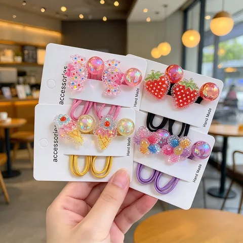 Élastiques à Cheveux pour Enfants de Style Coréen Mignons en Forme de Fraise Glace Lapin Fleur Perles de Gelée pour Filles Accessoires de Coiffure Faits à la Main