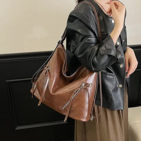 Damen Retro PU Leder Große Kapazität Rucksack Tragetasche Minimalistisch Mode Schleife Reißverschluss Umhängetasche Für Pendeln Alltag