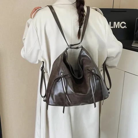 Damen Retro PU Leder Große Kapazität Rucksack Tragetasche Minimalistisch Mode Schleife Reißverschluss Umhängetasche Für Pendeln Alltag