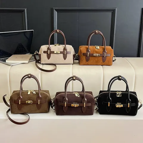 Vintage Γυναικεία Τσάντα Boston Patchwork PU Δέρμα Αίσθηση Σουέτ Τσάντα Μαξιλάρι Μινιμαλιστική Τσάντα Χειρός Τσάντα Ώμου Χιαστί Με Διακόσμηση Χρυσής Κλειδαριάς