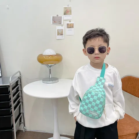 Kids Fashion Checkerboard Chest Bag Nylon Crossbody Shoulder Bag For Boys Girls Korean Style Contrast Color Casual Mini Pack