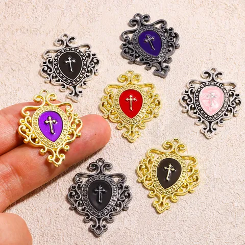 Gothic Zinc Alloy Cross Medal Enamel Pendant Charms For DIY Necklace Keychain Jewelry Making Vintage Filigree Cross Charms Accessories
