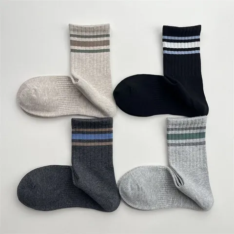 Baumwollmischung Gestreifte Crew-Socken Für Herren Damen Vintage Gerippt Atmungsaktiv Schweißabsorbierend Wadenhohe Sportsocken
