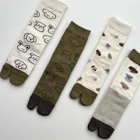 Japanese Cute Cartoon Dog Tabi Socks Women Cotton Breathable Split Toe Crew Socks Polka Dot Striped Pattern Mid-calf Socks