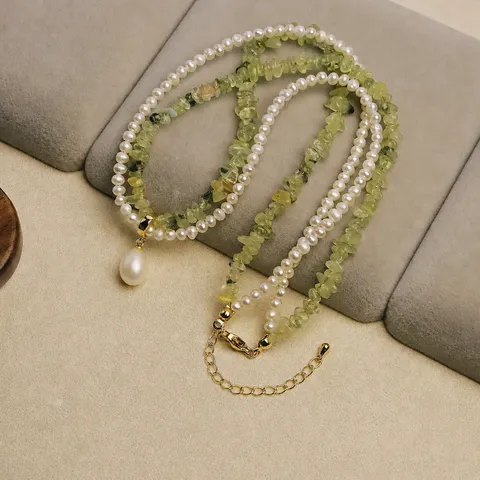Original Design Natural Pearl Double Layer Prehnite Necklace For Women Elegant Gold Plated Copper Chain Jewelry Gift