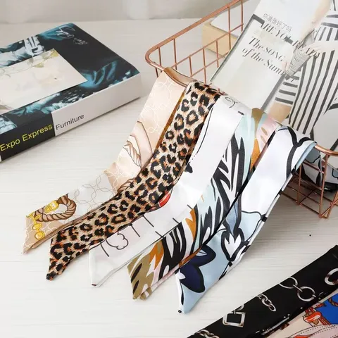 Fashion Skinny Polyester Scarf For Bag Handle Wrap Women Satin Twilly Neck Tie Headband Printed Long Ribbon Equestrian Chain Scarf