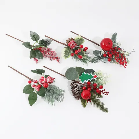 Ramas de Pino Navideñas Artificiales Con Nieve Bayas Rojas y Piñas para Adornos de Árbol de Navidad Decoración del Hogar