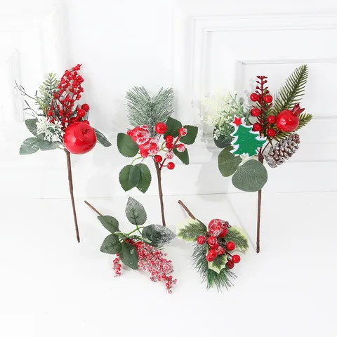 Ramas de Pino Navideñas Artificiales Con Nieve Bayas Rojas y Piñas para Adornos de Árbol de Navidad Decoración del Hogar