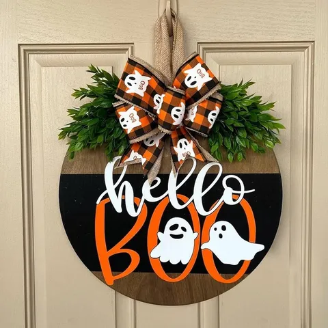 Halloween Welcome Door Sign Wood Round Ghost Skull Pumpkin Pattern With Bow Greenery Porch Front Door Hanging Festive Home Decor