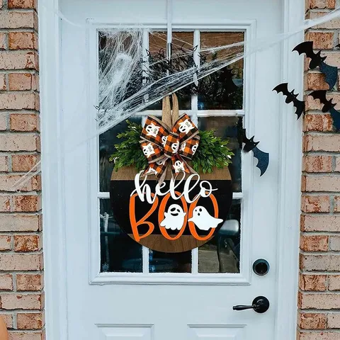 Halloween Welcome Door Sign Wood Round Ghost Skull Pumpkin Pattern With Bow Greenery Porch Front Door Hanging Festive Home Decor