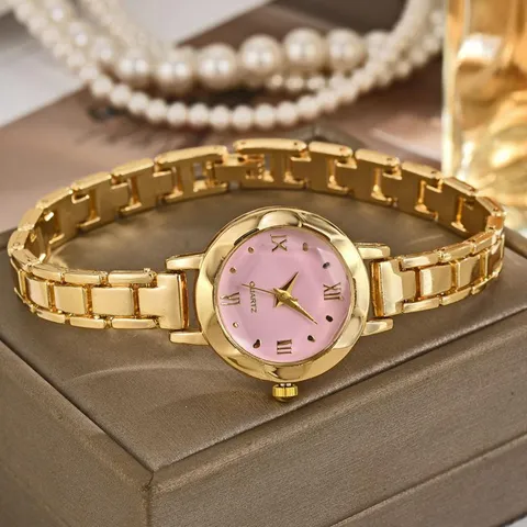 Vintage Damen Armbanduhr Rundes Kleines Zifferblatt Gold Legierung Stahlband Quarz Armbanduhr Für Studentinnen Minimalistischer Modeschmuck