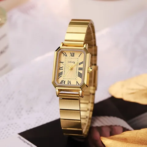 Dames Rechthoekig Quartzhorloge Luxe Vintage Romeinse Cijfers Polshorloge Goud Zilver Legering Stalen Band Mode Koreaanse Niche Horloge