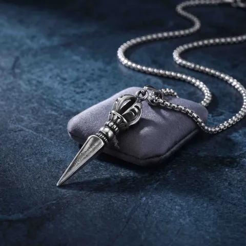304 Stainless Steel Vajra Pendant Necklace For Men Vintage Phurba Dagger Pestle Jewelry Retro Antique Silver Box Chain Necklaces