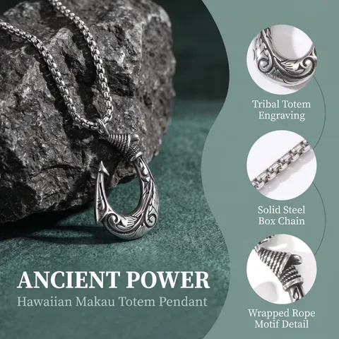 Collana con Pendente ad Amo da Pesca in Acciaio Inossidabile 304 Vintage da Uomo Gioielli con Design Inciso Totem Hawaiian Makau