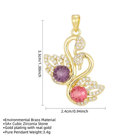 Pendentif Double Cygne en Laiton Plaqué Or Élégant Incrusté de Zirconia Accessoire de Bijoux pour Femmes Pendentif Cygne en Zircon de Couleur Qualité Supérieure Pendentif Seul
