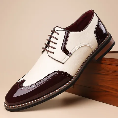 Men's Brogue Business Dress Shoes Wingtip Oxford Patchwork Lace Up Faux Leather Formal Plus Size Classic British Style Shoes