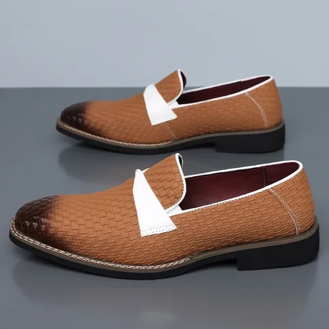 Men's Woven Leather Loafers Gradient Pointed Toe Business Casual Slip On Breathable Formal Dress Shoes For Office Daily Trend