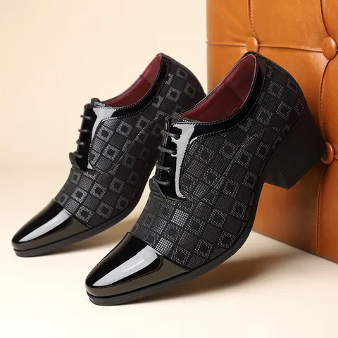 Men Business Leather Shoes Pointed Toe Height Increasing Plaid Pattern Lace Up Formal Office Wedding Dress Shoes