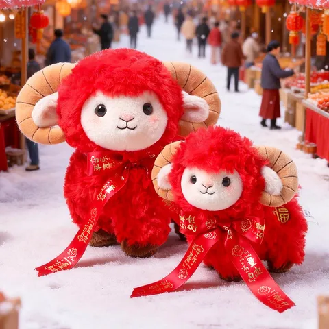 Red Chinese Zodiac Sheep Plush Toy Lucky Lamb Mascot Stuffed Animal With Fortune Ribbon New Year Celebration Gift Toy