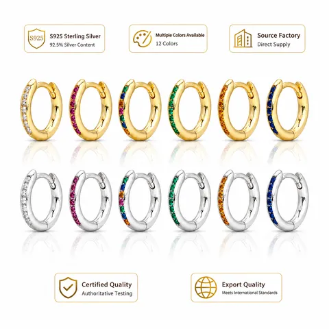 Boucles d'Oreilles Créoles en Argent Sterling 925 avec Zirconia Coloré pour Femmes Minimaliste Petit Style Français Rond Bijoux