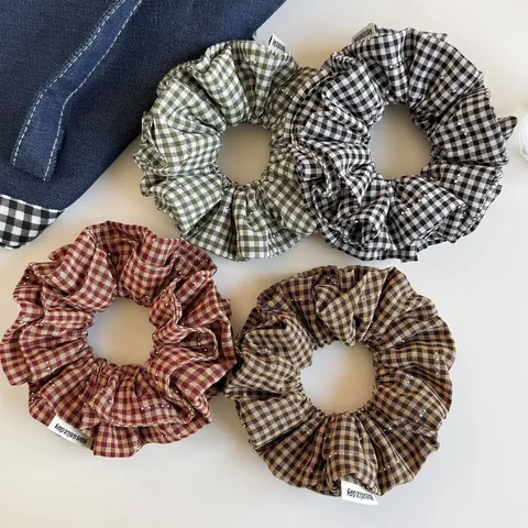 Coleteros de Tres Capas con Cuadros y Strass Moda Coreana Elástico para Pelo Elegante Goma de Pelo de Tela para Mujer