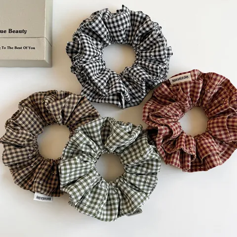 Coleteros de Tres Capas con Cuadros y Strass Moda Coreana Elástico para Pelo Elegante Goma de Pelo de Tela para Mujer