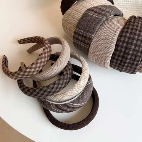 Serre-tête Vintage à Carreaux Tricot Large en Éponge pour Femmes Bandeau Haut Crânien Rétro Géométrique Accessoires de Cheveux Automne Hiver Élégant