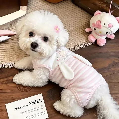 Cute Bunny Ear Striped Pet Vest For Small Dogs Cats Princess Style Autumn Winter Warm Soft Knitted Dog Clothing Top