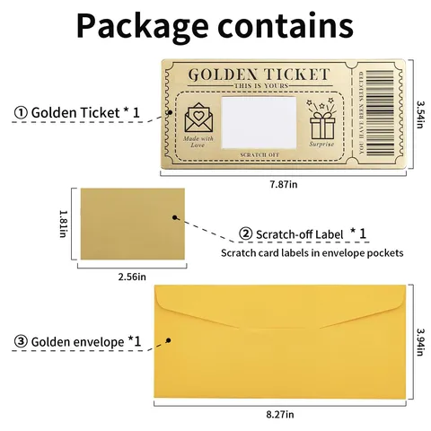 DIY Golden Ticket Scratch Off Card Gift Greeting Card Yellow Envelope Gold Sticker For Valentine Birthday Party Invitation