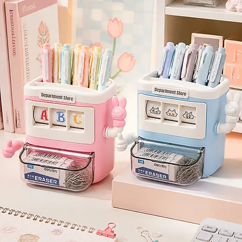 Creative Cartoon Rocker Pen Holder Desktop Stationery Storage Box With Drawer Multifunctional Plastic Desktop Organizer For Students