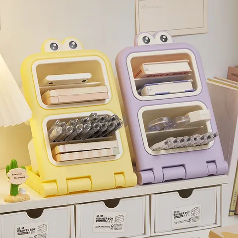 Cartoon Frog Eyes Desktop Stationery Storage Box Foldable Plastic Pen Holder Makeup Brush Organizer For Student Office Home