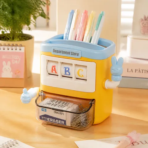 Creative Cartoon Rocker Pen Holder Desktop Stationery Storage Box With Drawer Multifunctional Plastic Desktop Organizer For Students
